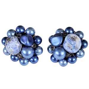 💙 Vintage 60s Faceted Blue Art Beaded Cluster Clip On Earrings Japan